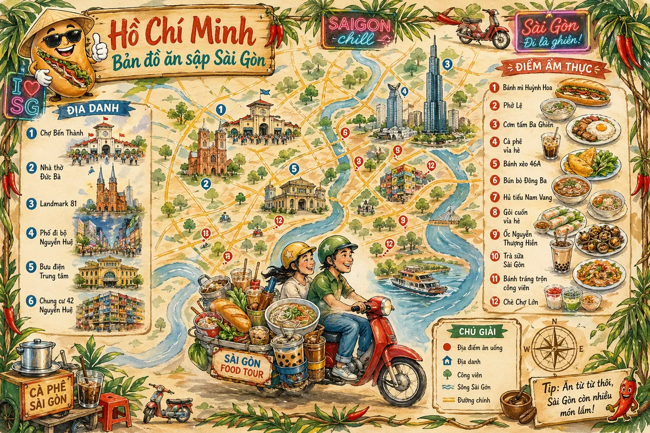 Bản đồ ẩm thực Sài Gòn minh họa bằng AI